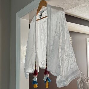 Johnny Was White Kimono with Colorful Embroidery